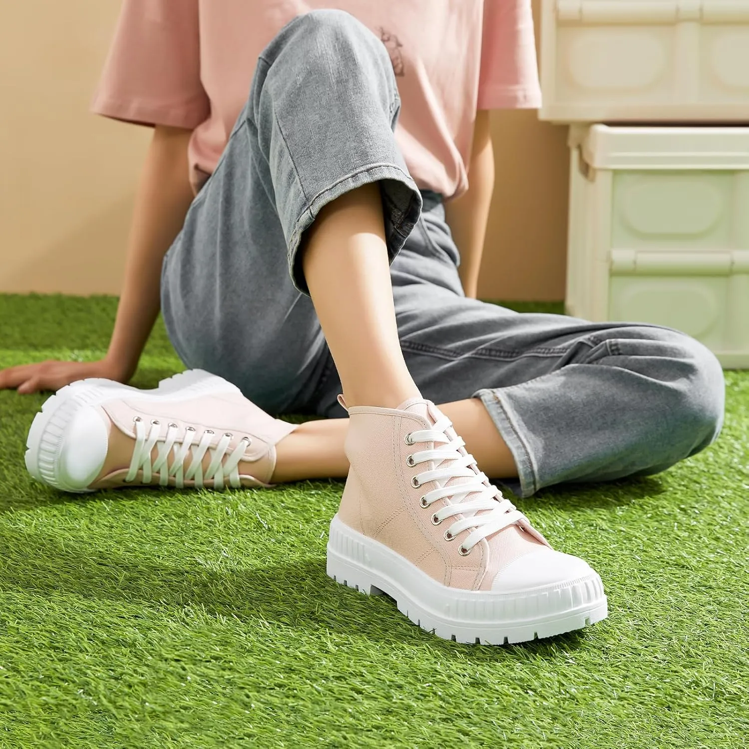 Rominz Women's White Platform Sneakers Fashion High Top Canvas Shoes for Women Black Lace-Up Canvas Sneakers Casual Platform Tennis Shoes