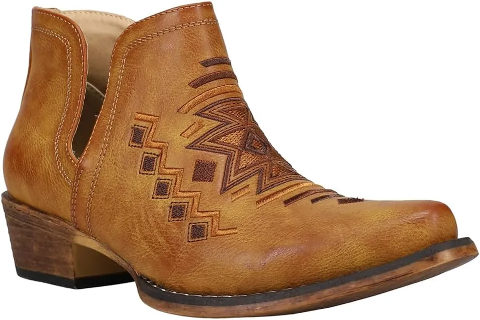 ROPER Womens Ava Southwest Embroidered Snip Toe Casual Boots Ankle Low Heel 1-2" - Brown