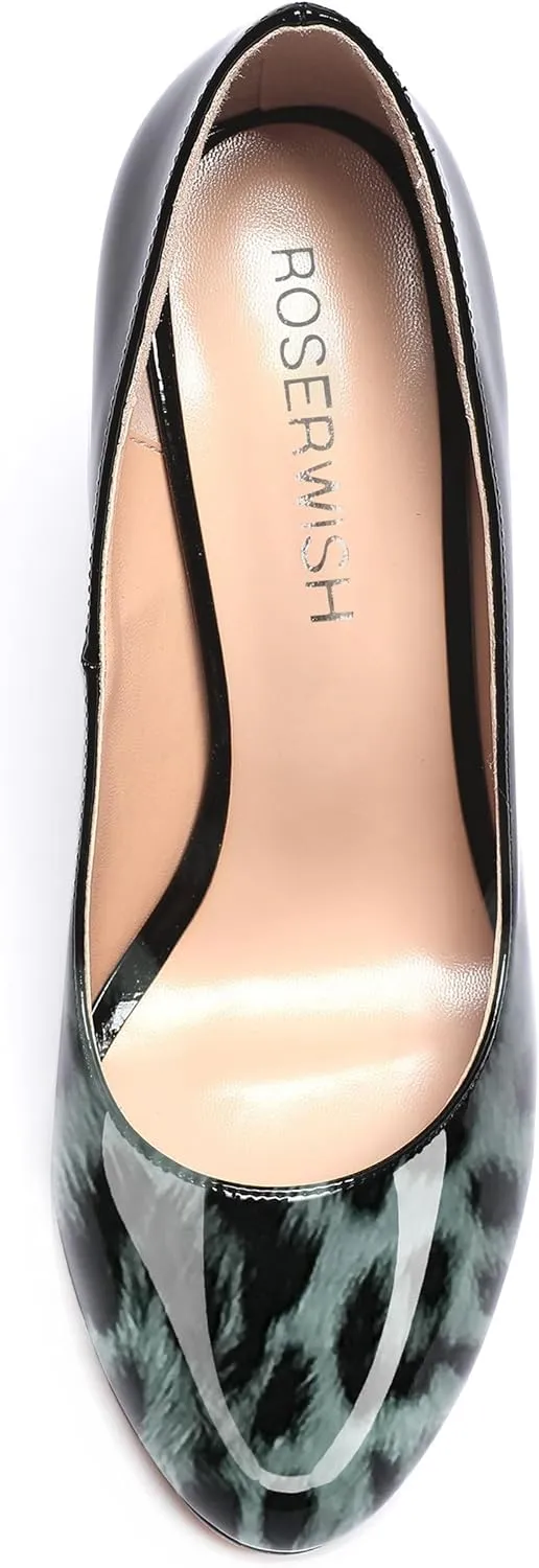 ROSERWISH Womens Comfortable Fashion Patent Party Slip On Round Toe Block High Heel Pumps Shoes 3.3 Inch