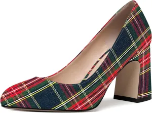 ROSERWISH Womens Comfortable Fashion Patent Party Slip On Round Toe Block High Heel Pumps Shoes 3.3 Inch