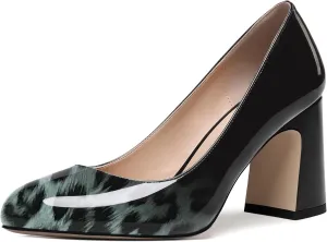 ROSERWISH Womens Comfortable Fashion Patent Party Slip On Round Toe Block High Heel Pumps Shoes 3.3 Inch