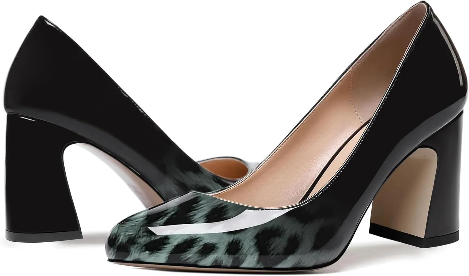 ROSERWISH Womens Comfortable Fashion Patent Party Slip On Round Toe Block High Heel Pumps Shoes 3.3 Inch