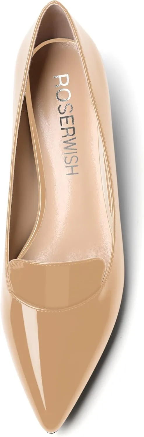 ROSERWISH Womens Office Slip On Pointed Toe Patent Casual Work Kitten Low Heel Pumps Dress Shoes 1.5 Inch
