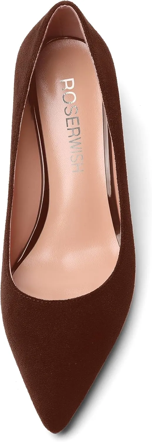 ROSERWISH Womens Wedding Pointed Toe Suede Fashion Slip On Comfortable Wedge Low Heel Pumps Dress Shoes 2 Inch