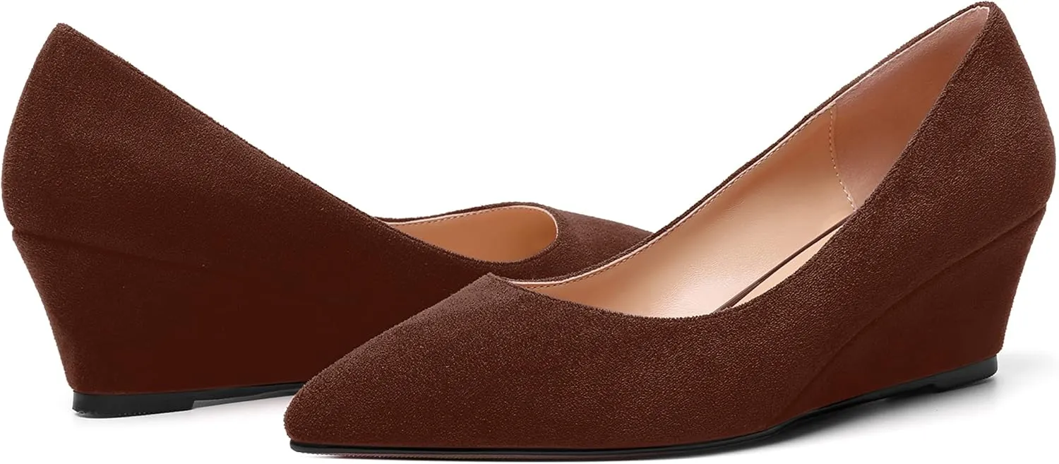 ROSERWISH Womens Wedding Pointed Toe Suede Fashion Slip On Comfortable Wedge Low Heel Pumps Dress Shoes 2 Inch