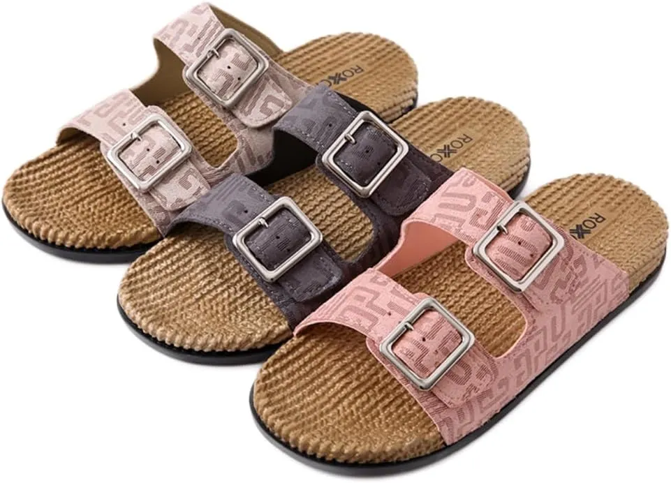 Roxoni Women's Fashion Cork Sole Double Buckle Indoor/Outdoor Sandal