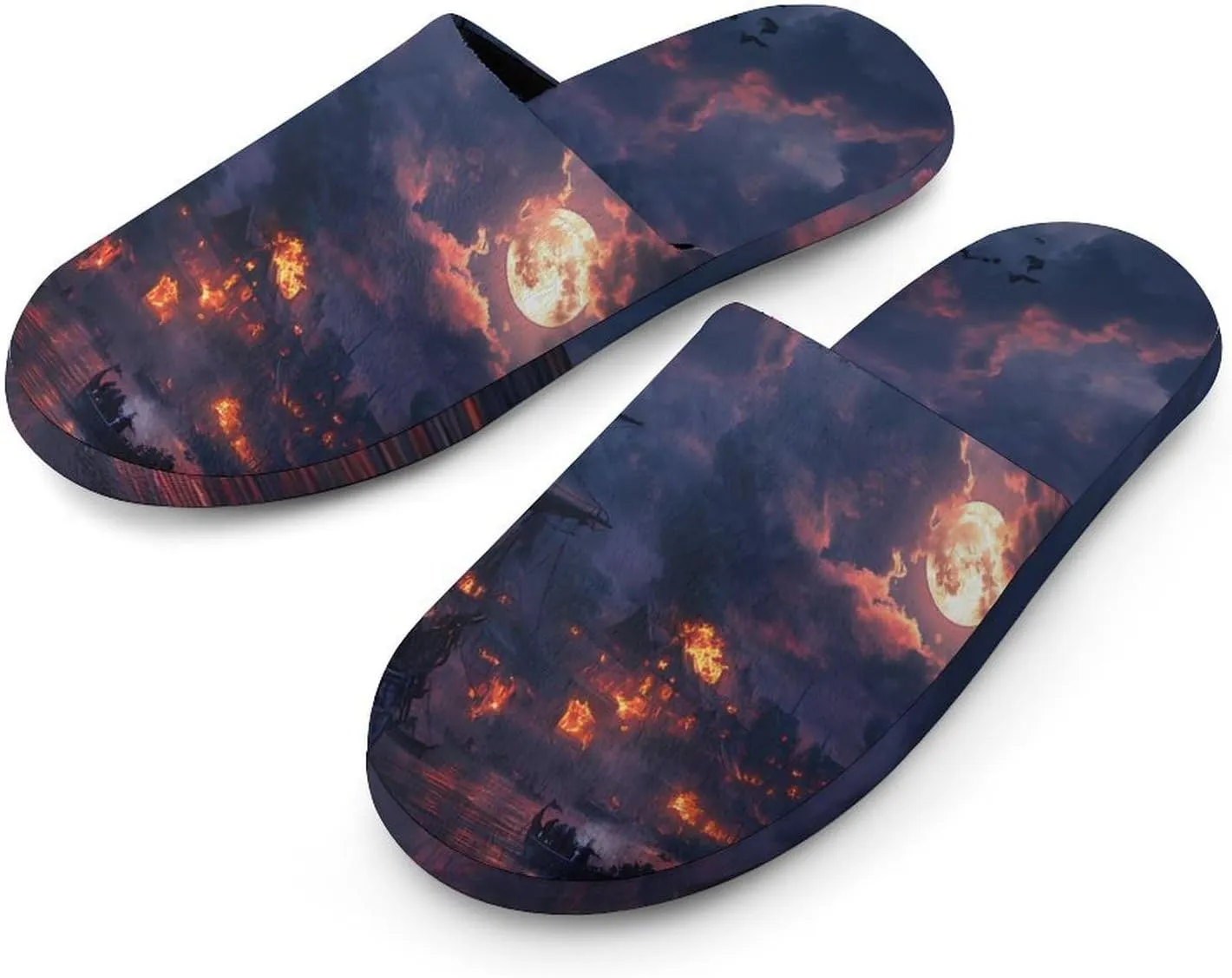 Sailing Ship Moon Burning Village Comfortable Slippers for Women Warm Cozy House Slipper Slip on Fuzzy Shoes
