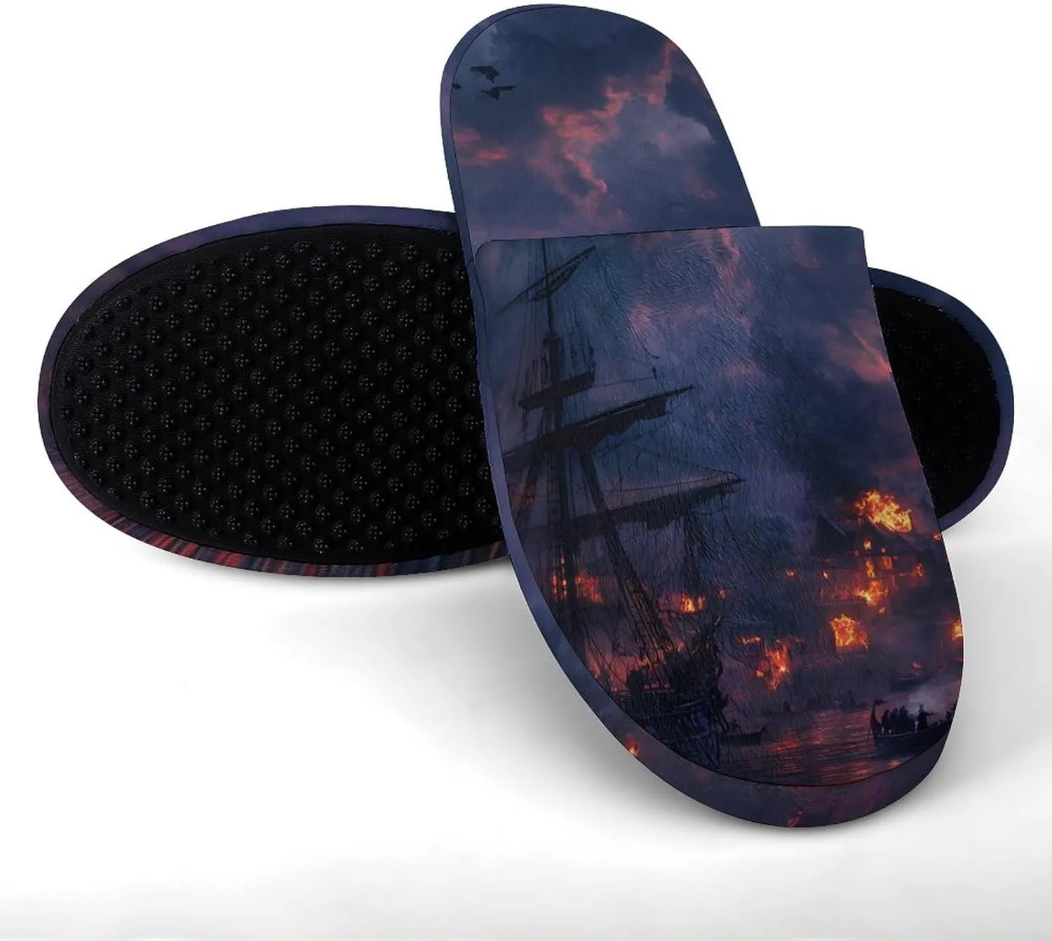 Sailing Ship Moon Burning Village Comfortable Slippers for Women Warm Cozy House Slipper Slip on Fuzzy Shoes