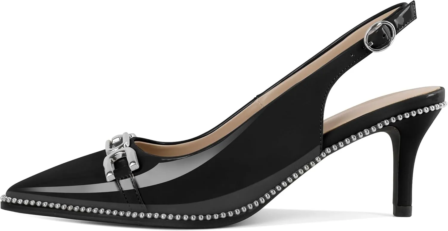 SAMMITOP Slingback Heels for Women Pointed Toe Kitten Low Heel Pumps Silver Beaded Metal Buckle Comfortable Slip On Party Prom Dress Shoes 2.4 Inch