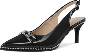 SAMMITOP Slingback Heels for Women Pointed Toe Kitten Low Heel Pumps Silver Beaded Metal Buckle Comfortable Slip On Party Prom Dress Shoes 2.4 Inch