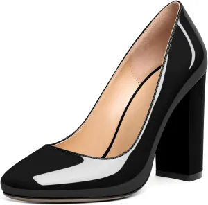 SAMMITOP Women's Round Toe Block Heel Pumps Slip On Chunky Patent High Heels Classic Wedding Dress Shoes for Party Events 4 Inches