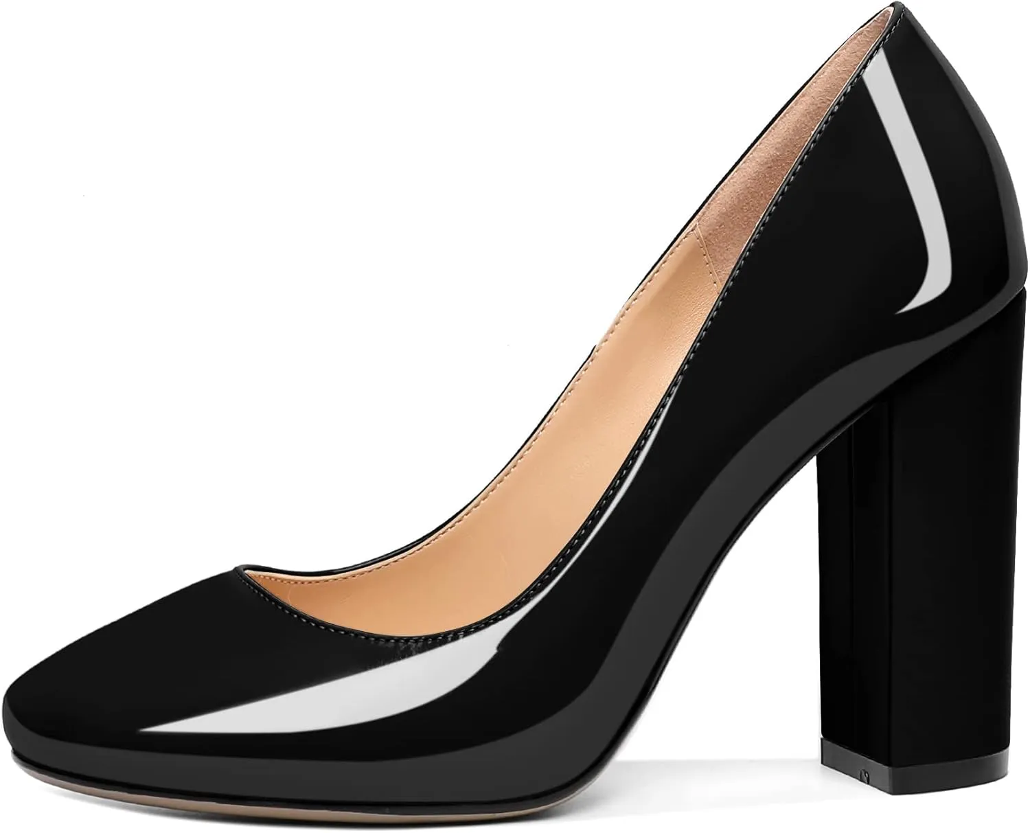 SAMMITOP Women's Round Toe Block Heel Pumps Slip On Chunky Patent High Heels Classic Wedding Dress Shoes for Party Events 4 Inches
