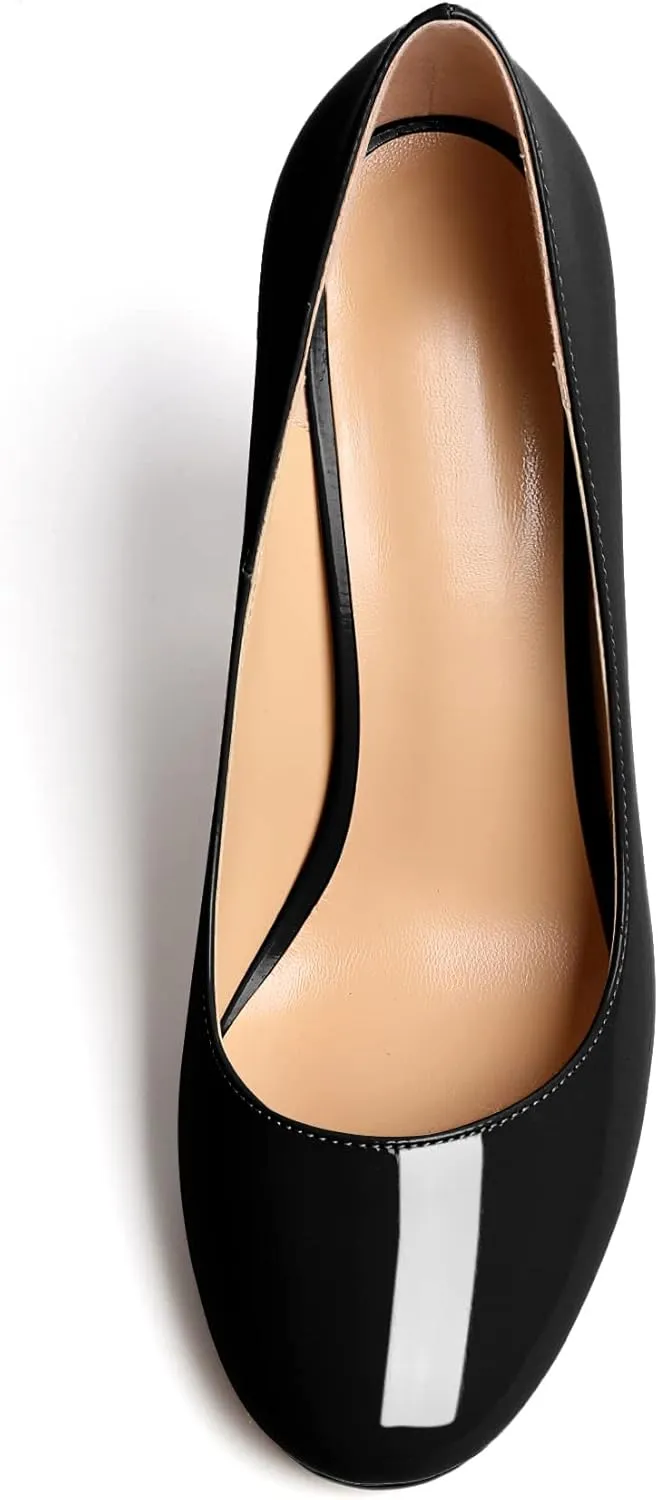 SAMMITOP Women's Round Toe Block Heel Pumps Slip On Chunky Patent High Heels Classic Wedding Dress Shoes for Party Events 4 Inches