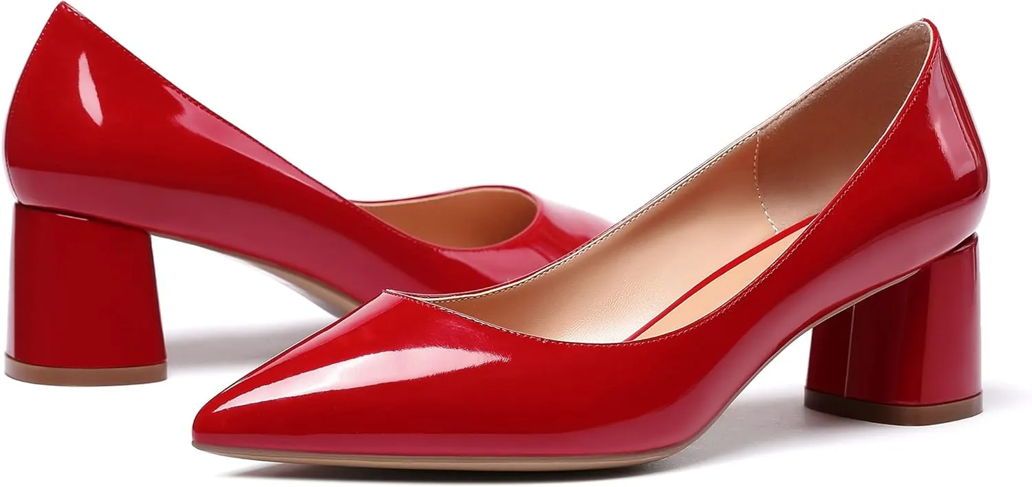 SAMMITOP Women's Women's Chunky Heels Slip-on Pumps Comfortable Leather Mid Heel Pointed Toe Block Office Classic Shoes 5 cm Heel