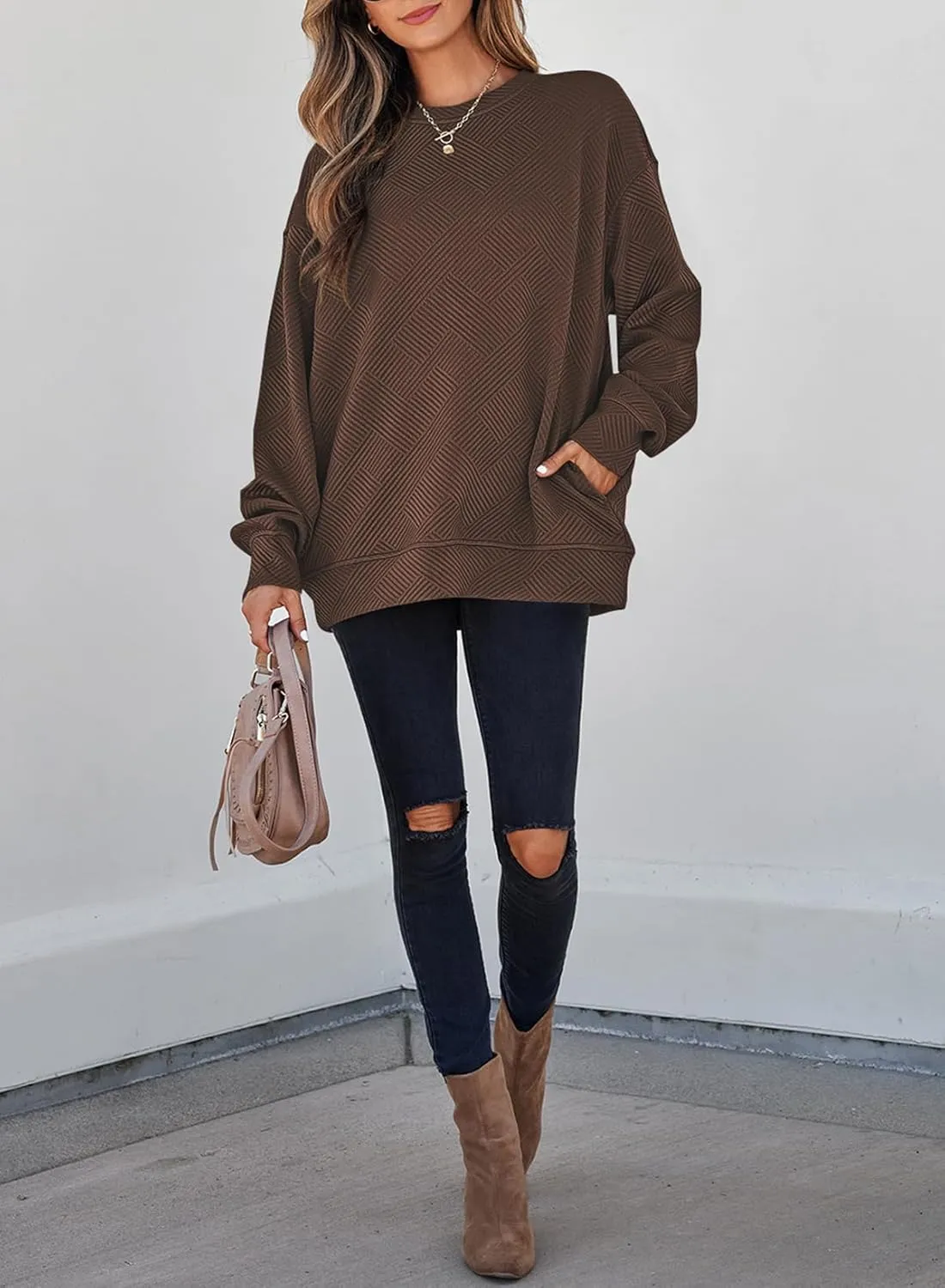 SHEWIN Womens Oversized Sweatshirt Fall Fashion 2024 Long Sleeve Tops Casual Crewneck Sweatshirts with Pockets