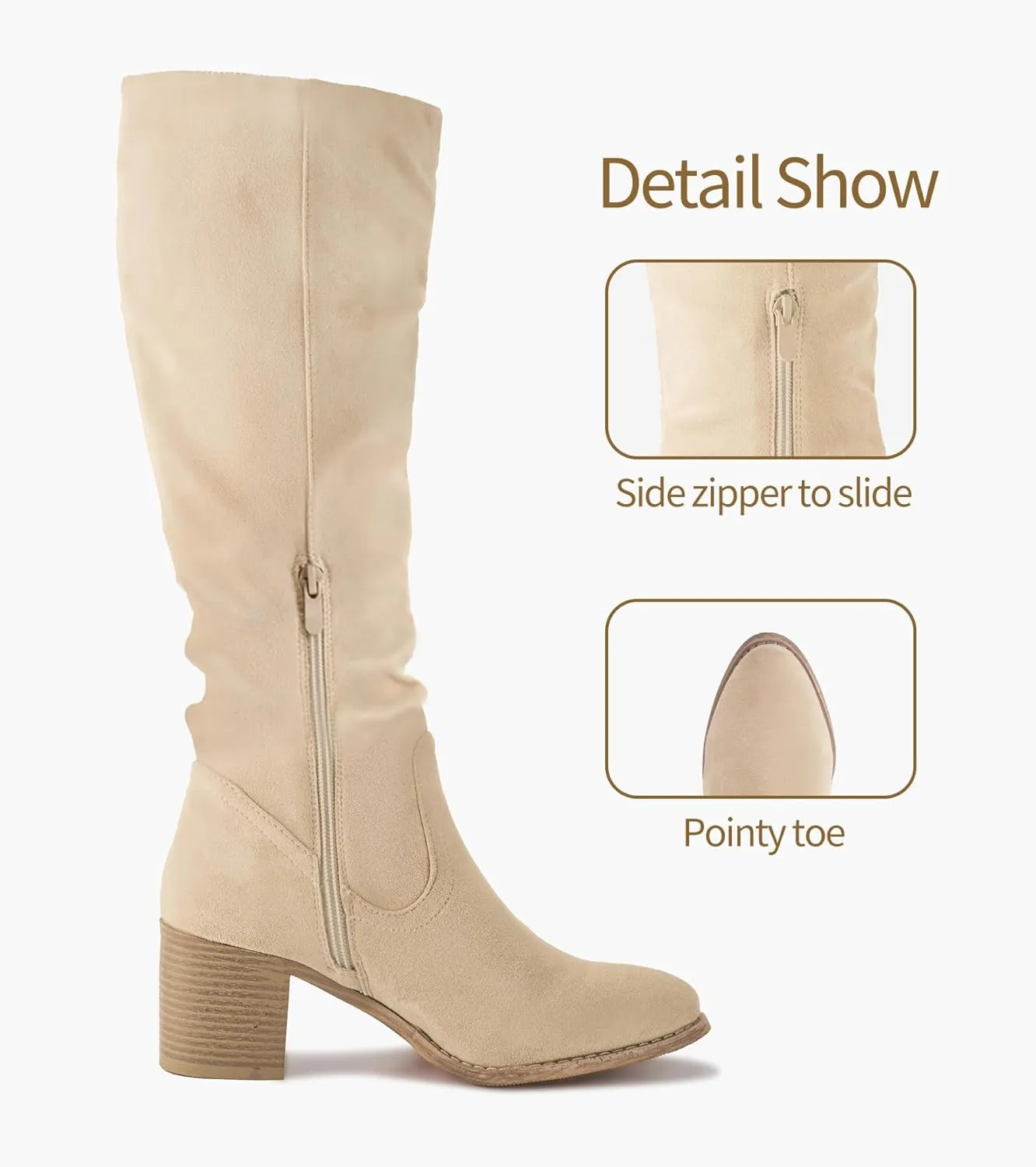 Shoe'N Tale Womens Knee High Boots Chunky Heel Pointed Toe Suede Slouchy Boots with Side Zipper