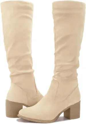 Shoe'N Tale Womens Knee High Boots Chunky Heel Pointed Toe Suede Slouchy Boots with Side Zipper