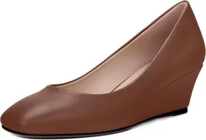 SHOWFOREST Women's Wedge Low Heels Square Toe Slip-on Comfortable Dress Pumps Shoes