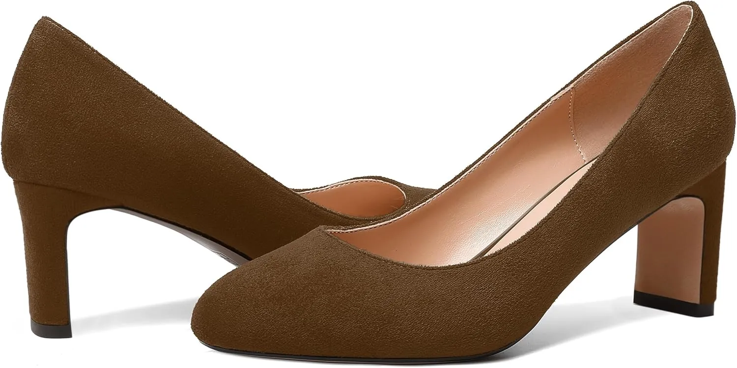SKYSTERRY Womens Round Toe Fashion Dating Slip On Suede Block Mid Heel Pumps Shoes 2.5 Inch