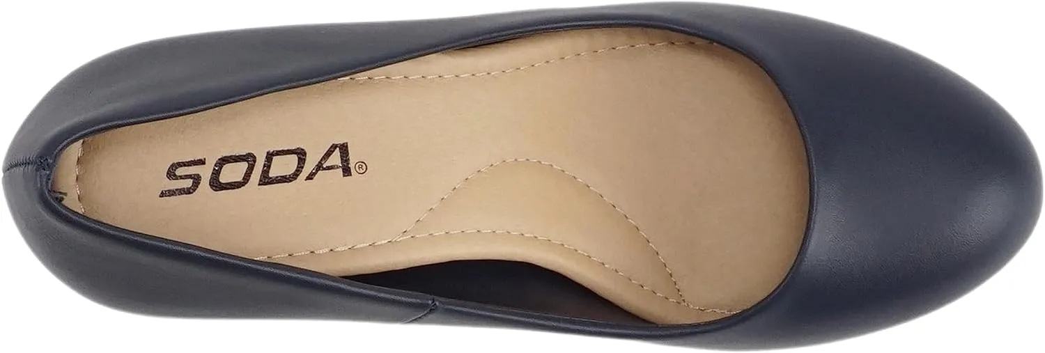 Soda “ANDI” ~ Women Closed Round Toe Slip-On Comfortable Cushion Insole Mid Heel Pump Shoe