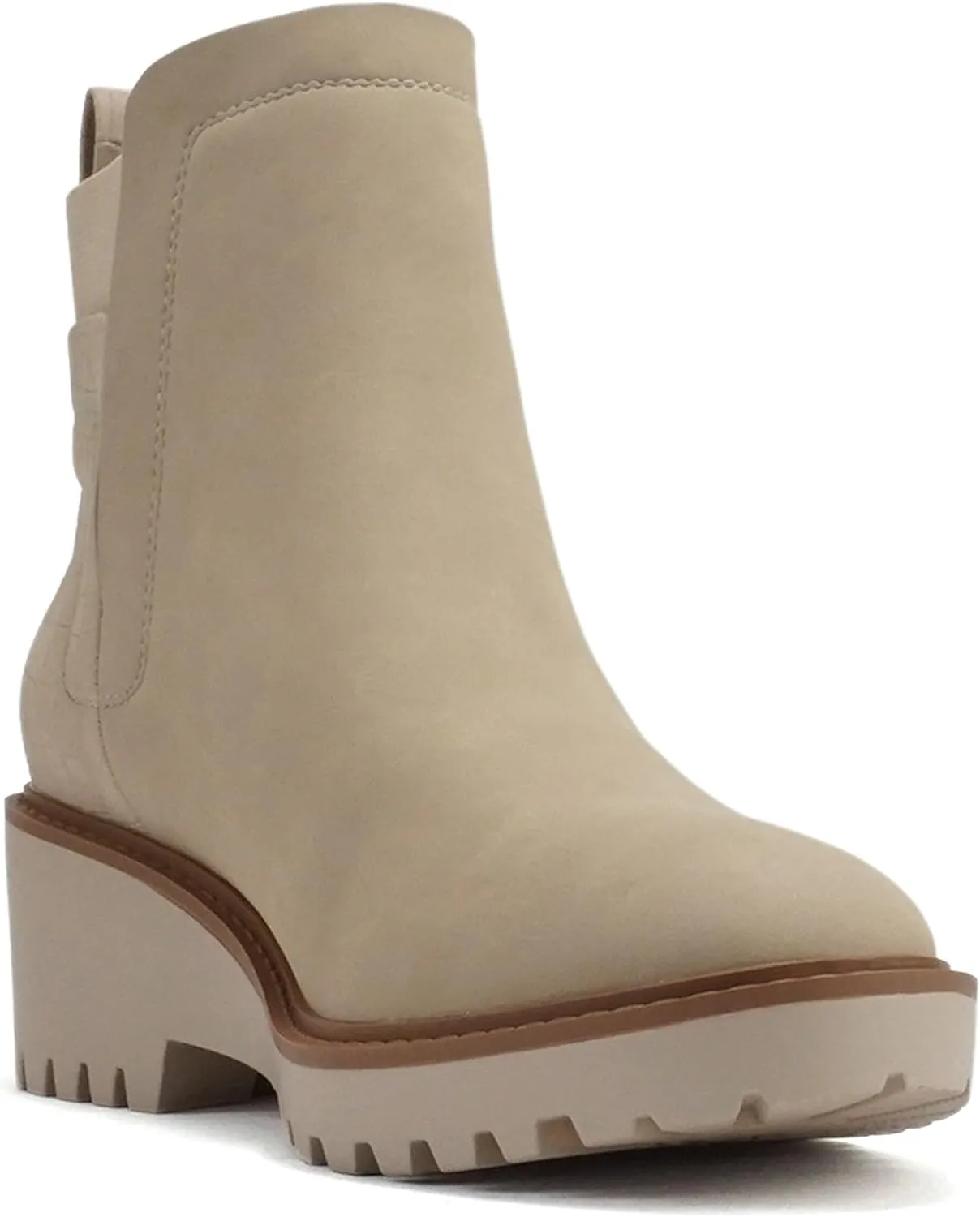 Soda “BAIT” ~ Women Round Toe Pull-On Elastic Gore Two-Tone Print Lug Sole Low Wedge Heel Ankle Boot