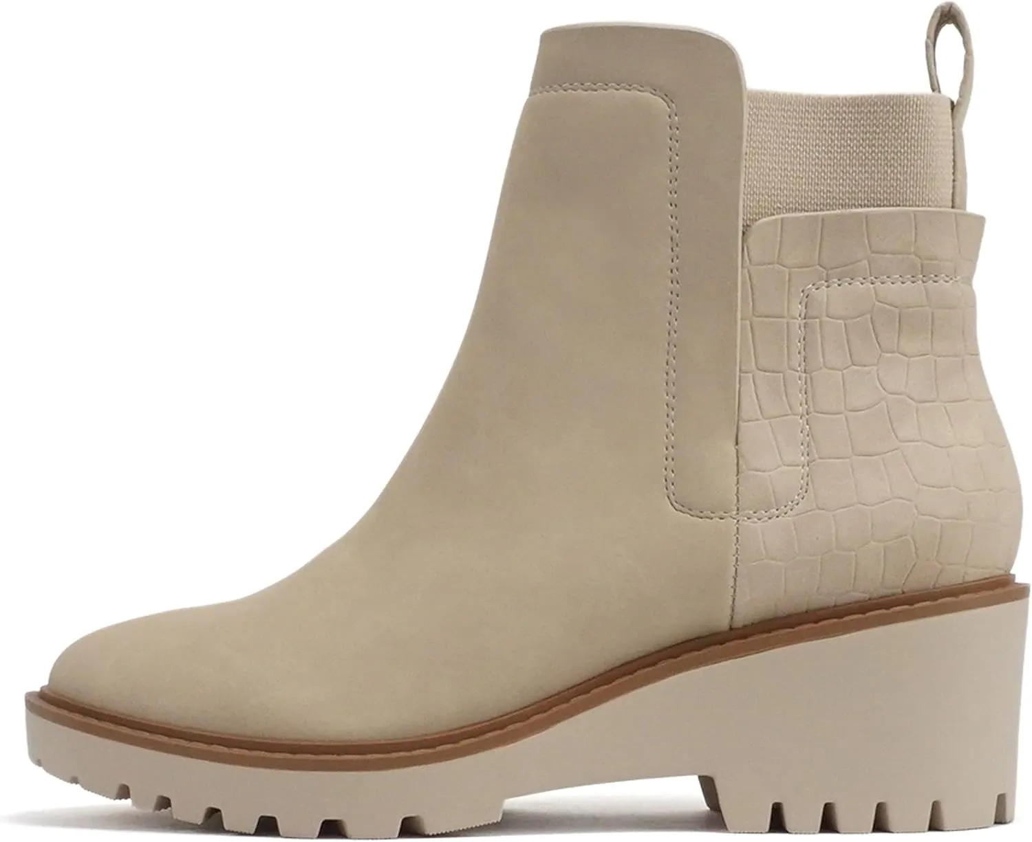 Soda “BAIT” ~ Women Round Toe Pull-On Elastic Gore Two-Tone Print Lug Sole Low Wedge Heel Ankle Boot
