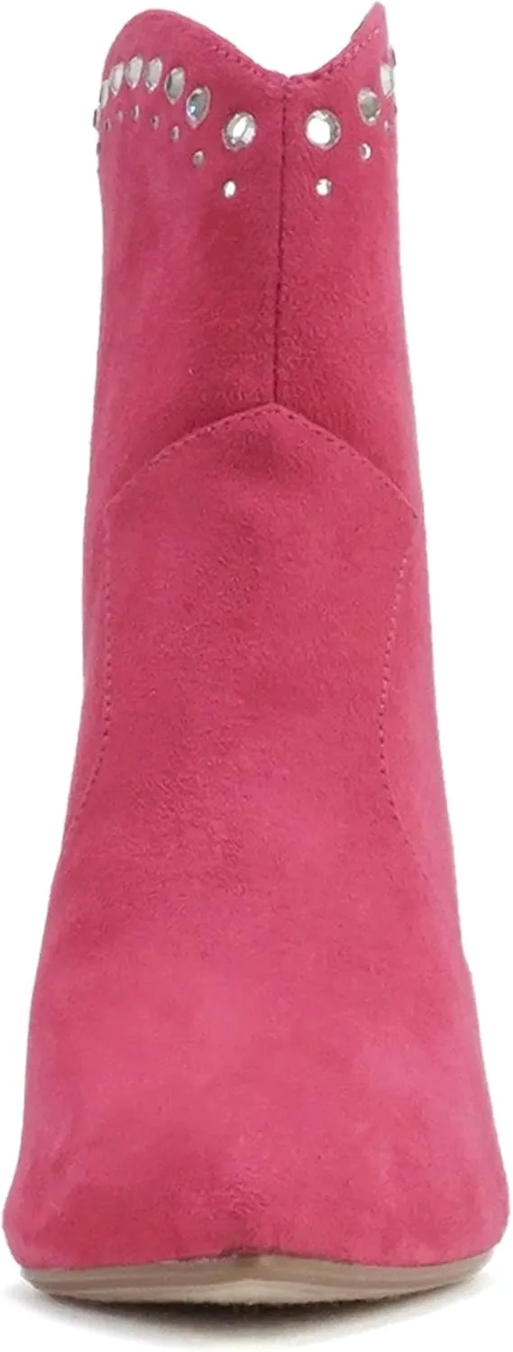 Soda “BANGLE” ~ Women Pointed Toe Stiletto High Heel Rhinestone Western Ankle Boot with Back Zipper