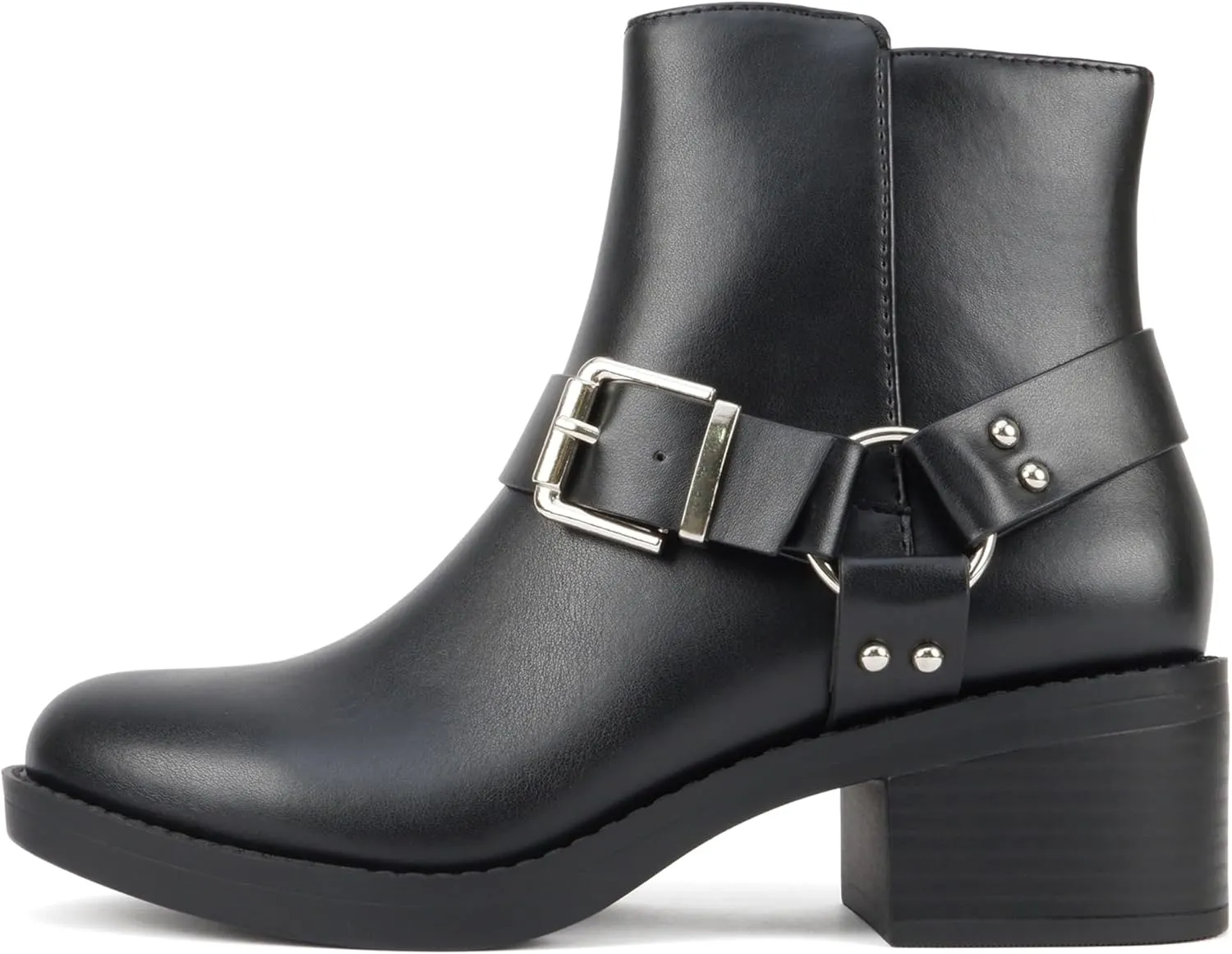 Soda “Bonus” ~ Women Round Toe Harness Strap Ring Hardware Low Block Heel Ankle Boot with Side Zipper
