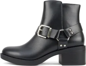 Soda “Bonus” ~ Women Round Toe Harness Strap Ring Hardware Low Block Heel Ankle Boot with Side Zipper