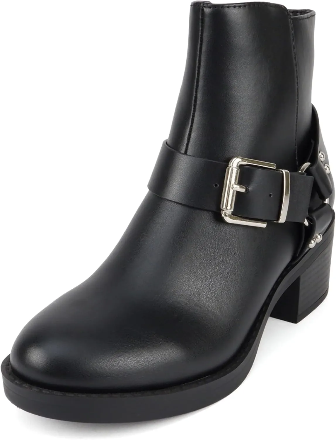 Soda “Bonus” ~ Women Round Toe Harness Strap Ring Hardware Low Block Heel Ankle Boot with Side Zipper