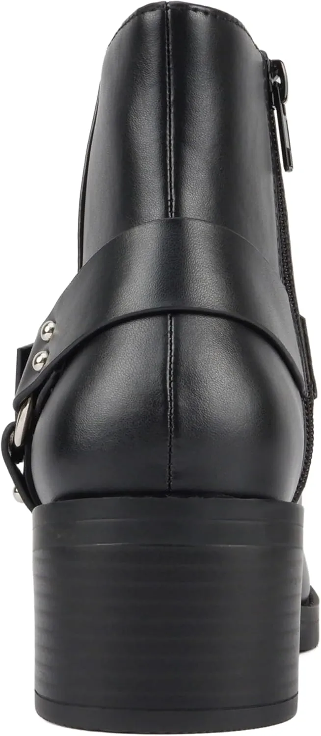 Soda “Bonus” ~ Women Round Toe Harness Strap Ring Hardware Low Block Heel Ankle Boot with Side Zipper