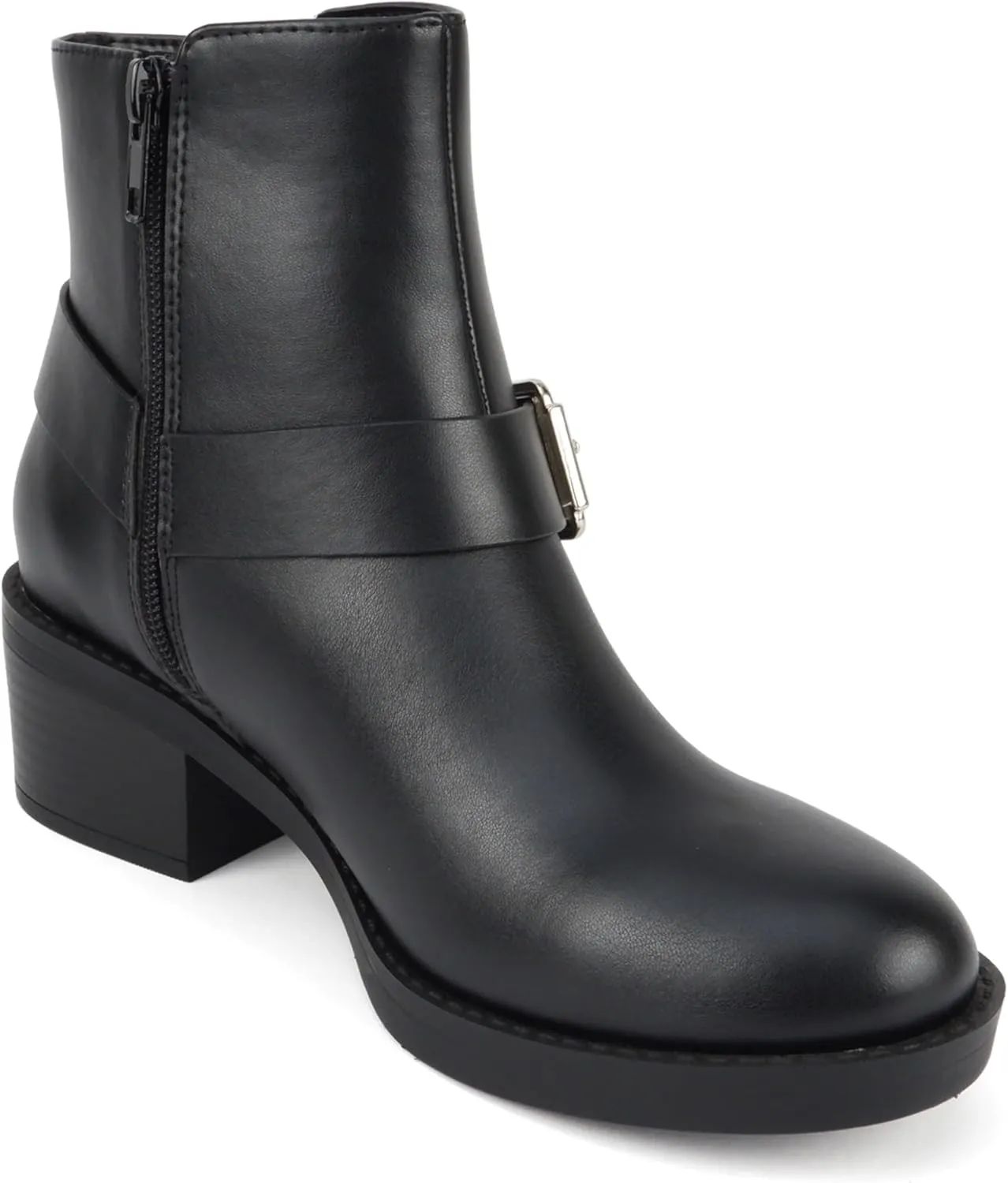 Soda “Bonus” ~ Women Round Toe Harness Strap Ring Hardware Low Block Heel Ankle Boot with Side Zipper