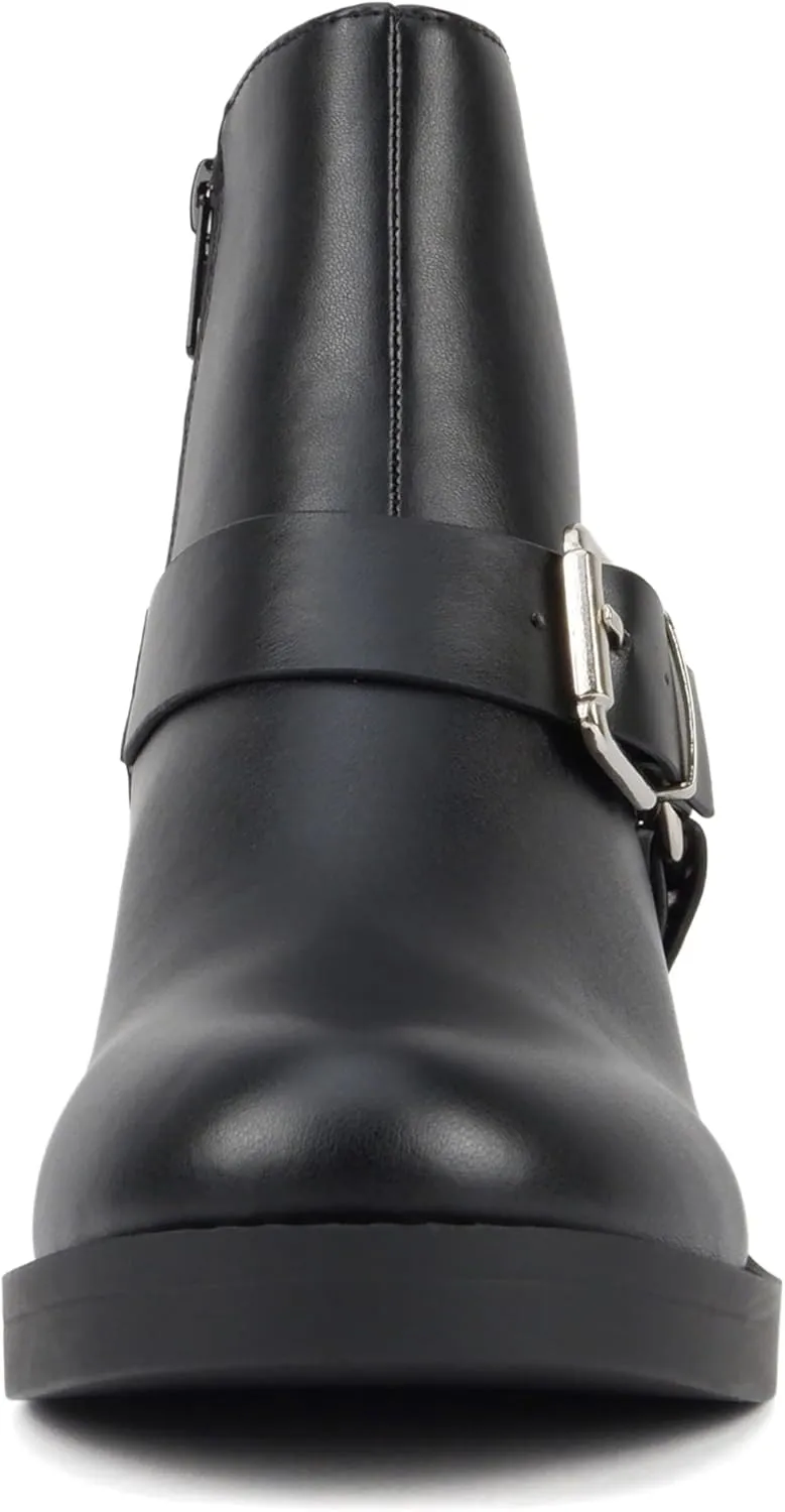 Soda “Bonus” ~ Women Round Toe Harness Strap Ring Hardware Low Block Heel Ankle Boot with Side Zipper
