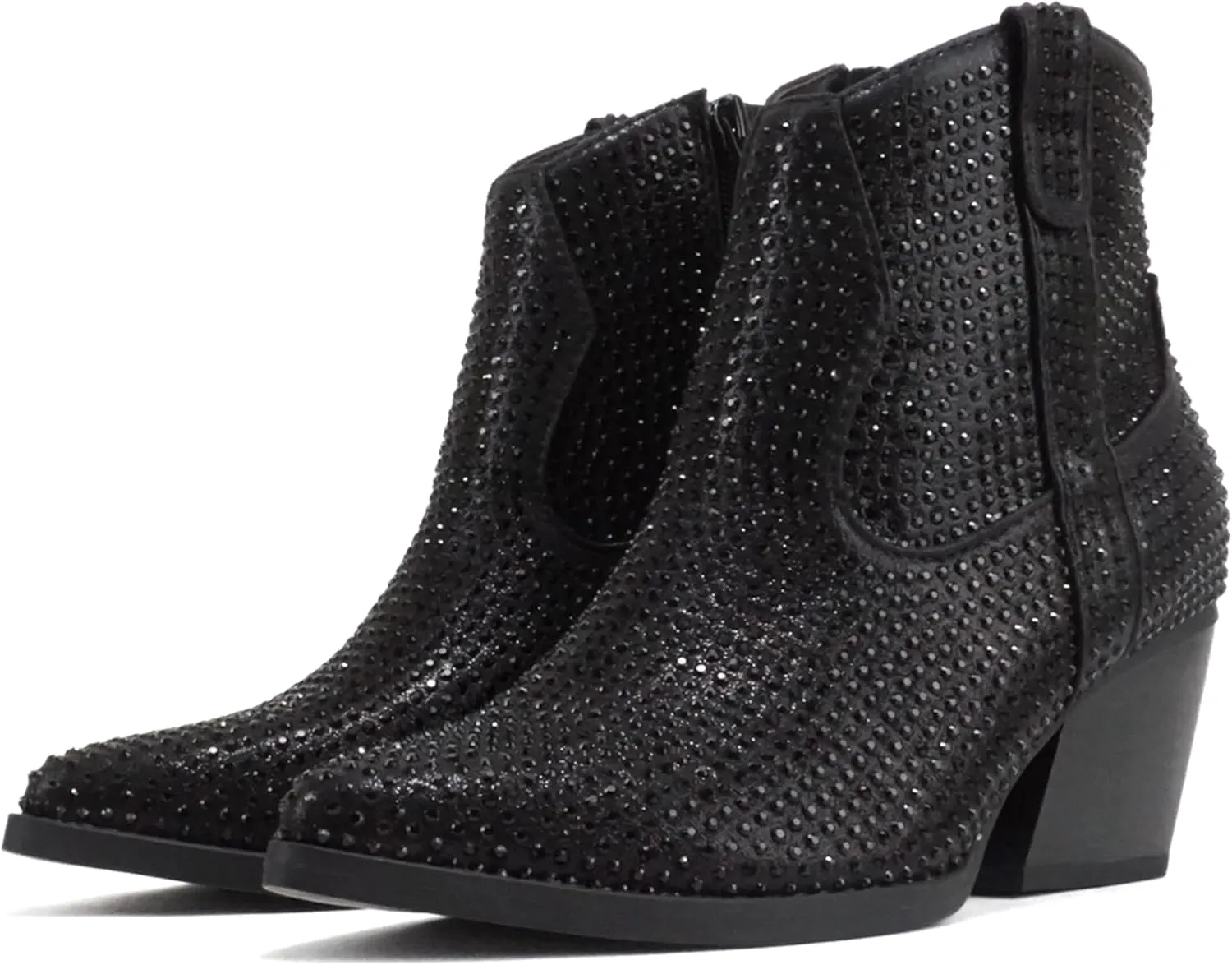 Soda “BREW” ~ Women Pointed Toe Low Heel Rhinestone Western Ankle Boot with Side Zipper