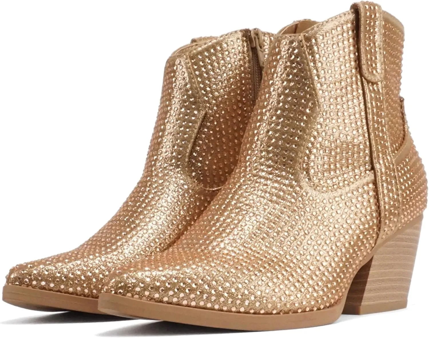 Soda “BREW” ~ Women Pointed Toe Low Heel Rhinestone Western Ankle Boot with Side Zipper