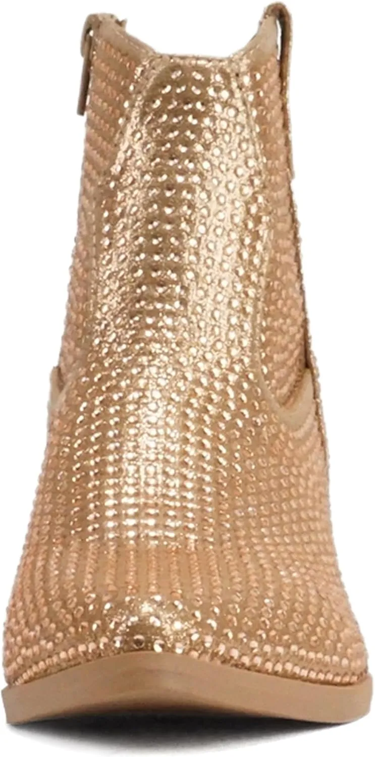 Soda “BREW” ~ Women Pointed Toe Low Heel Rhinestone Western Ankle Boot with Side Zipper