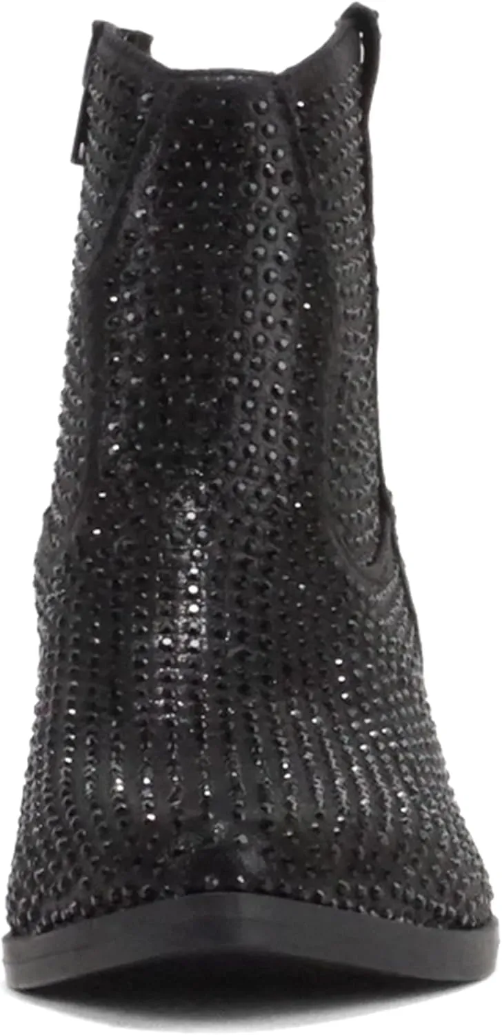 Soda “BREW” ~ Women Pointed Toe Low Heel Rhinestone Western Ankle Boot with Side Zipper