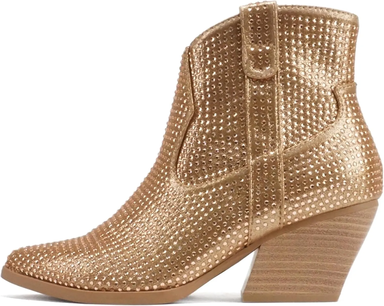 Soda “BREW” ~ Women Pointed Toe Low Heel Rhinestone Western Ankle Boot with Side Zipper