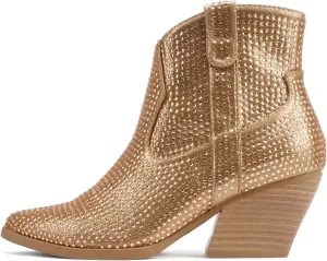 Soda “BREW” ~ Women Pointed Toe Low Heel Rhinestone Western Ankle Boot with Side Zipper