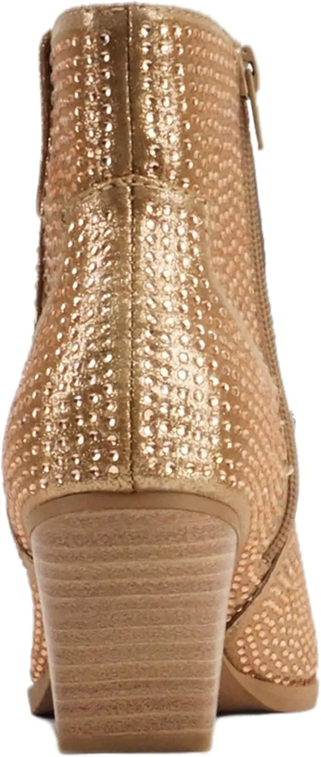 Soda “BREW” ~ Women Pointed Toe Low Heel Rhinestone Western Ankle Boot with Side Zipper
