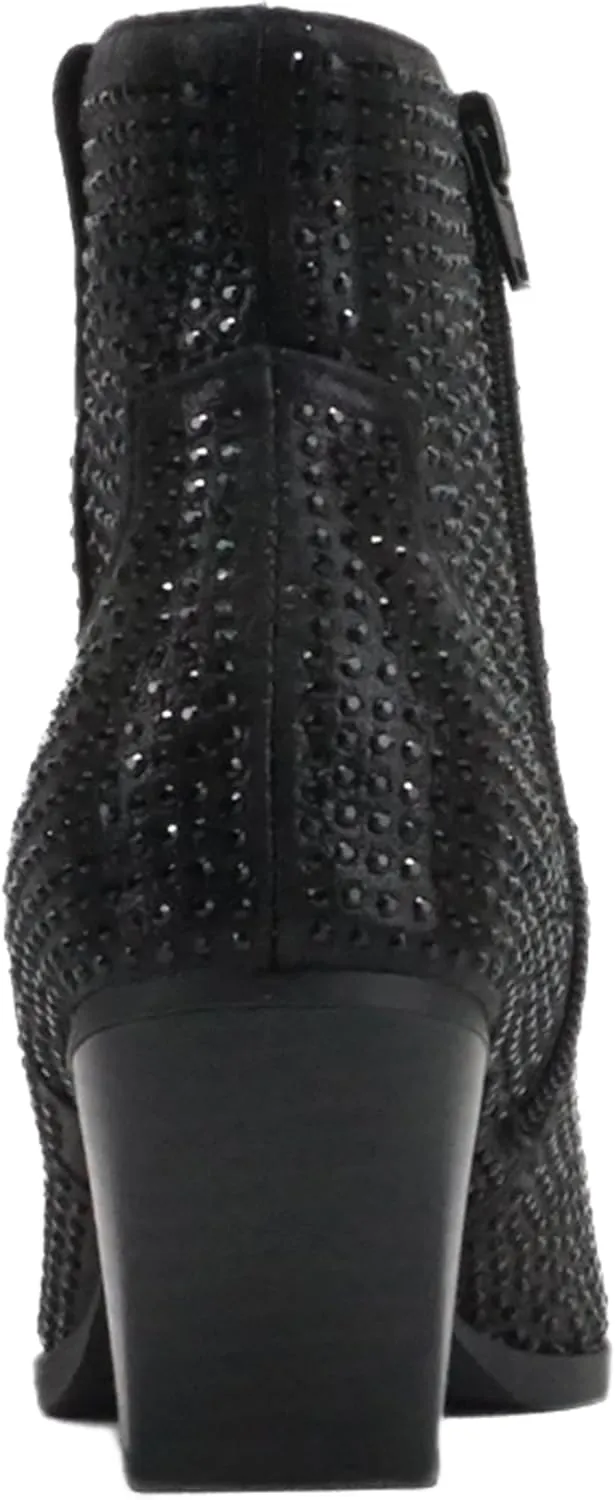 Soda “BREW” ~ Women Pointed Toe Low Heel Rhinestone Western Ankle Boot with Side Zipper