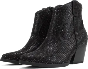 Soda “BREW” ~ Women Pointed Toe Low Heel Rhinestone Western Ankle Boot with Side Zipper