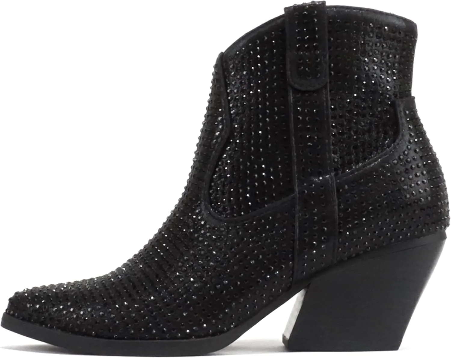 Soda “BREW” ~ Women Pointed Toe Low Heel Rhinestone Western Ankle Boot with Side Zipper