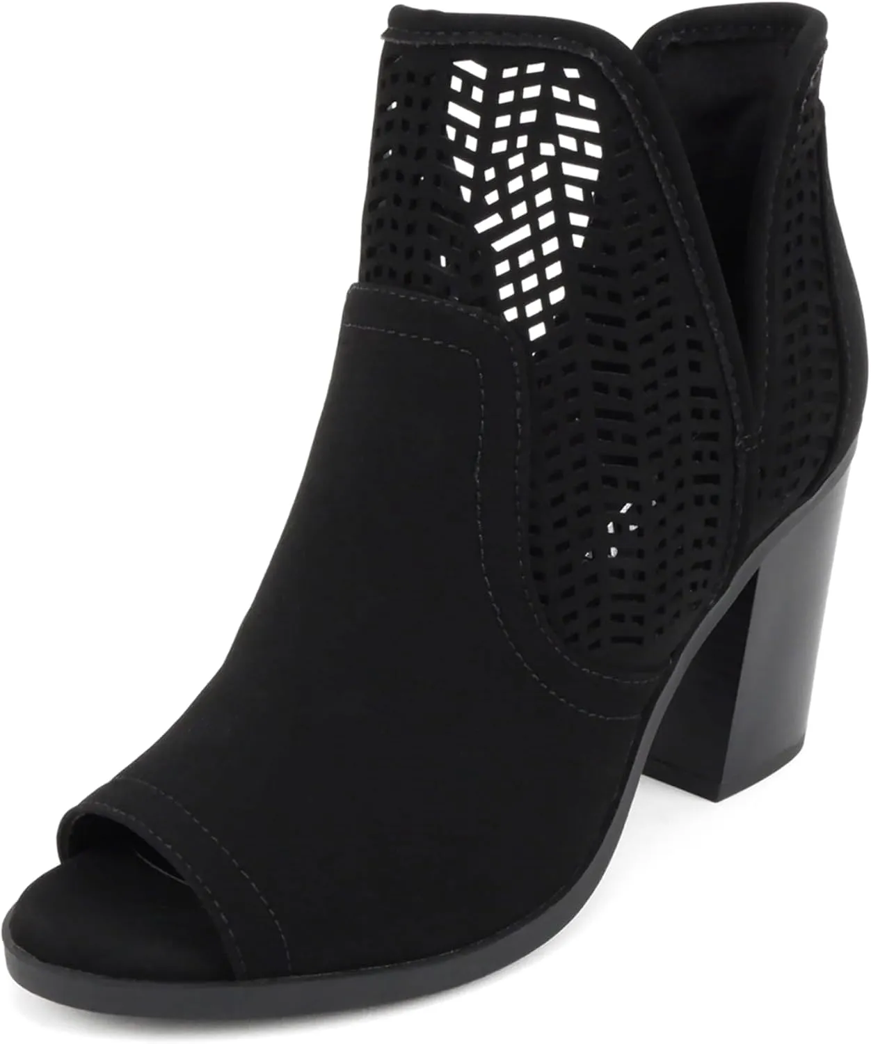 Soda Cathy ~ Women Peep Toe Closed-Back Geometric Cut High Heel Ankle Boots
