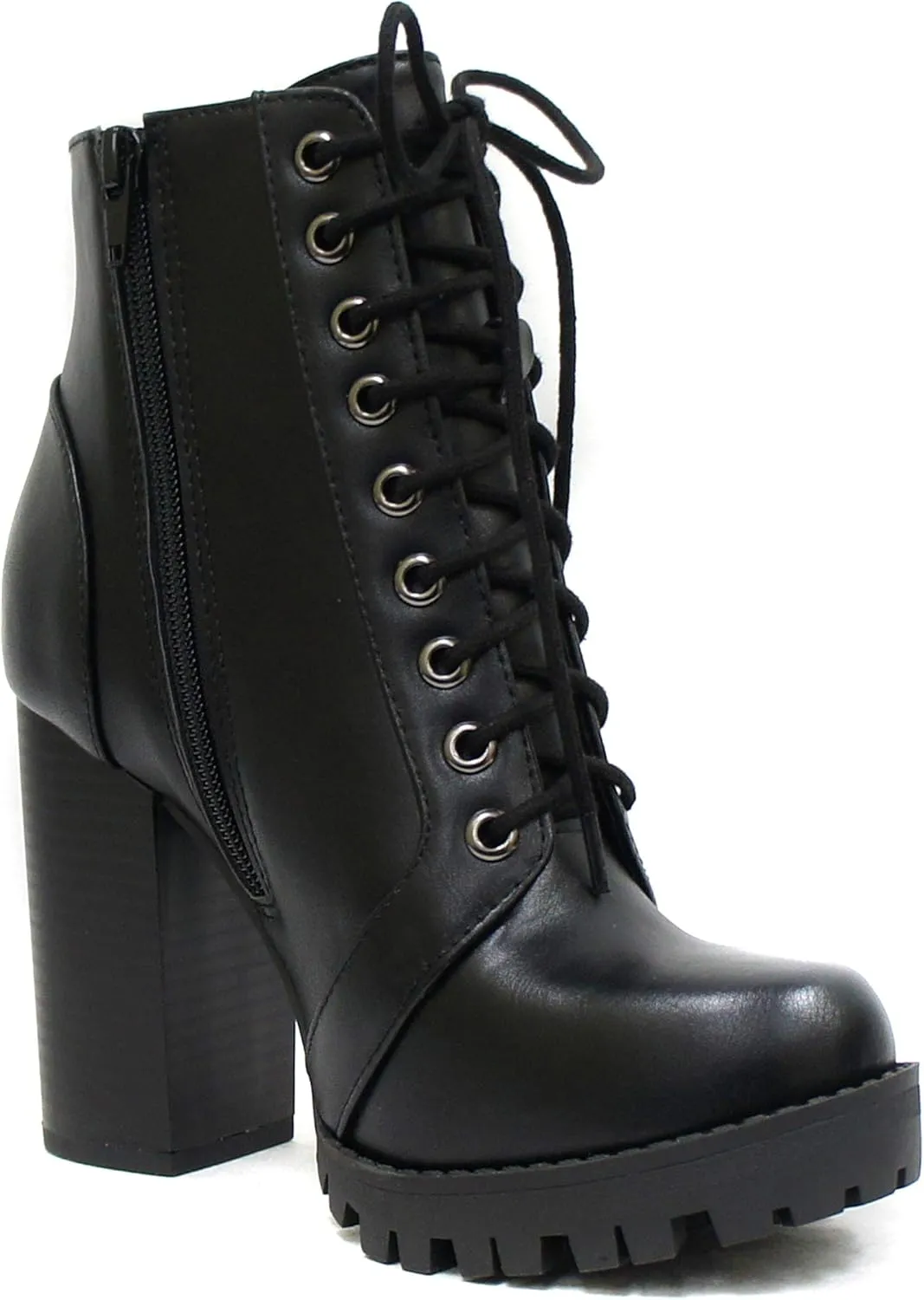 Soda Chalet – Fashion Lace up Military Inspired Ankle Boot with Stacked Heel and Side Zipper