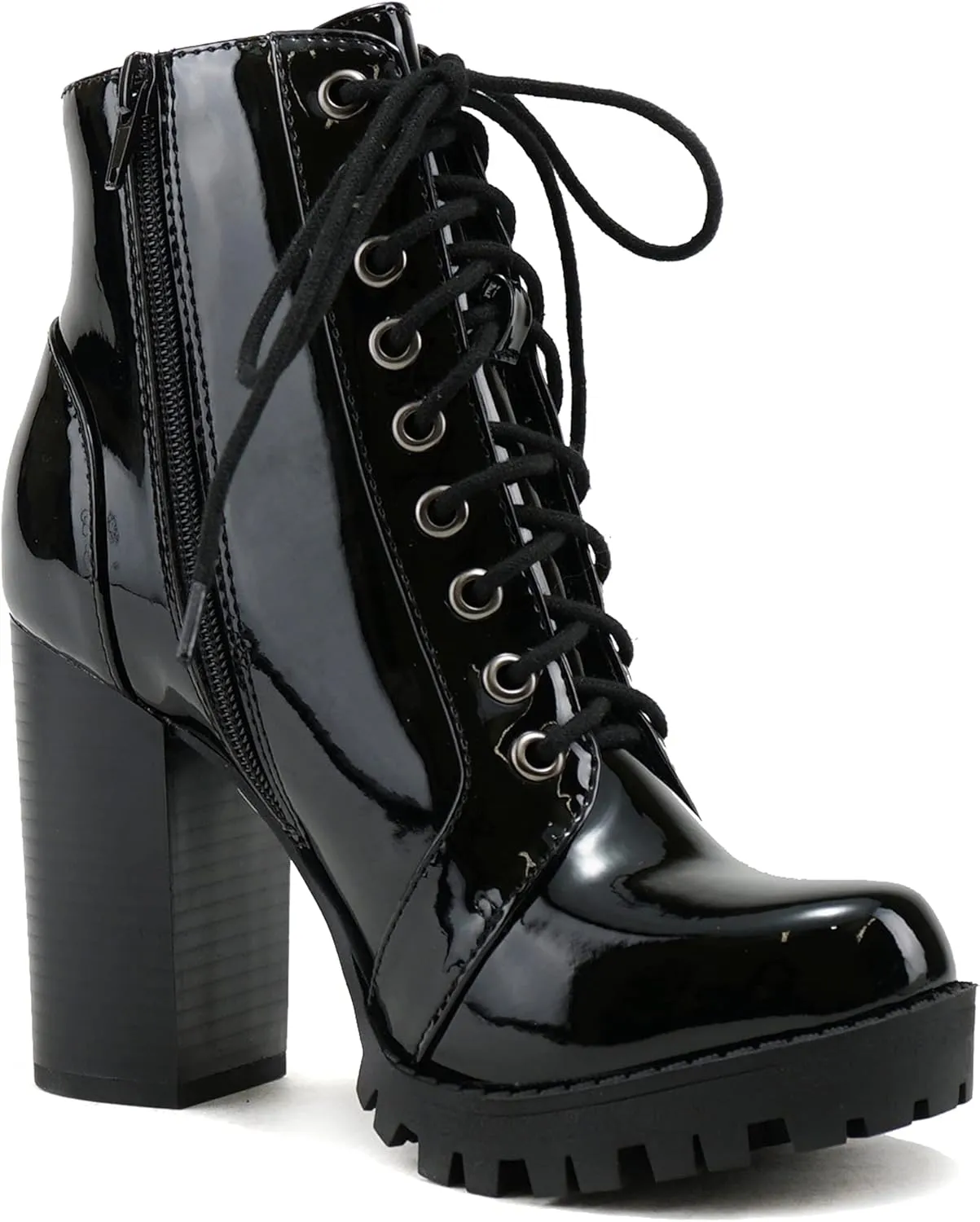 Soda Chalet – Fashion Lace up Military Inspired Ankle Boot with Stacked Heel and Side Zipper