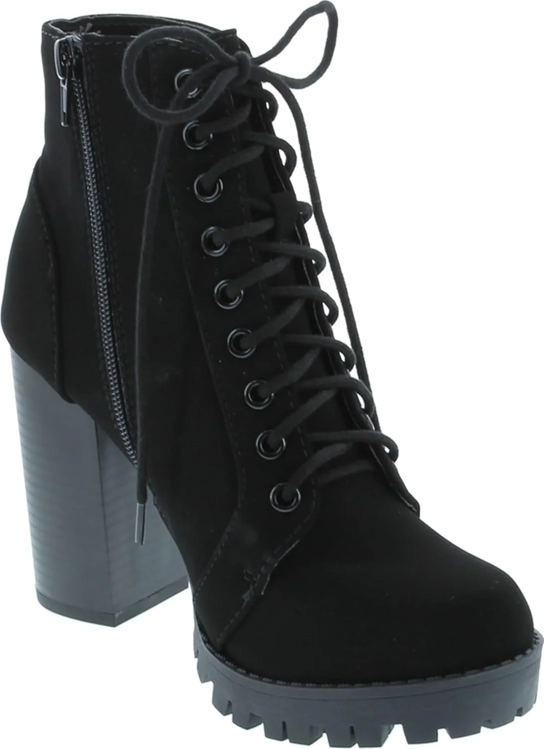 Soda Chalet – Fashion Lace up Military Inspired Ankle Boot with Stacked Heel and Side Zipper