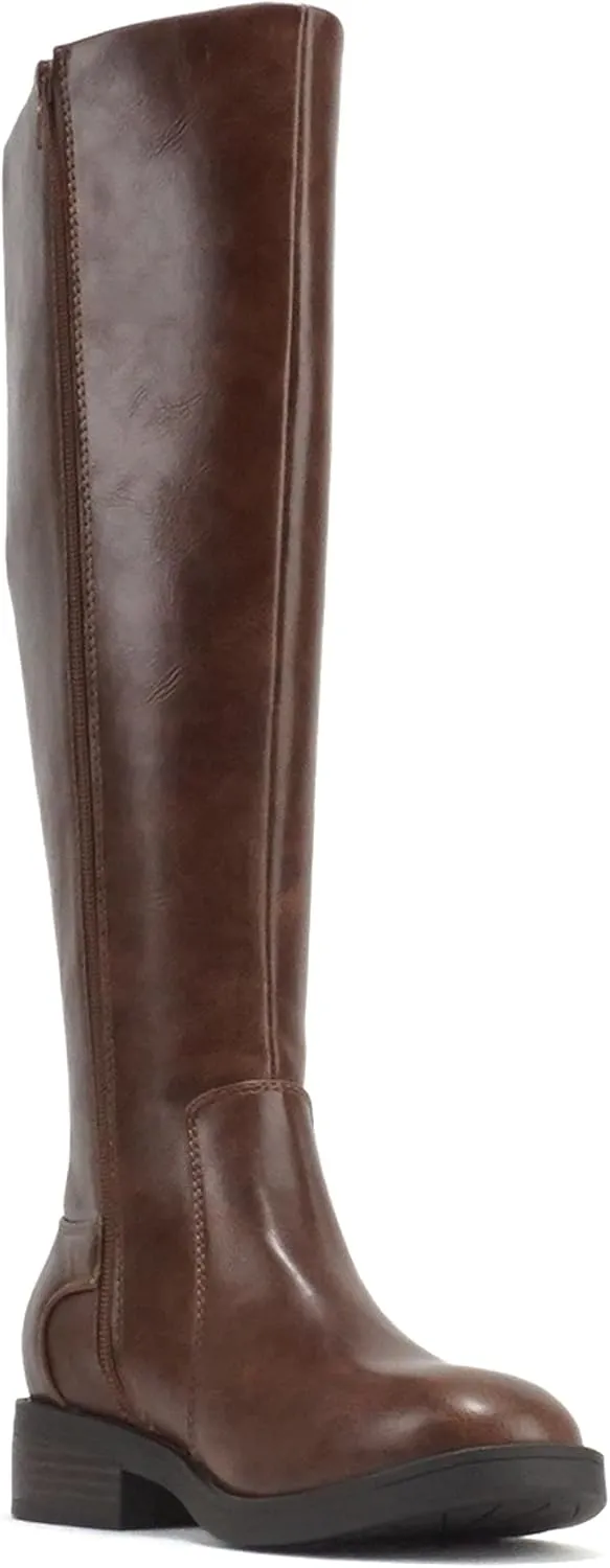 Soda “NECTAR” ~ Women Round Toe Buckle Belted Strap Top Shaft Elastic Gore Low Heel Knee-High Riding Boot with Side Zipper