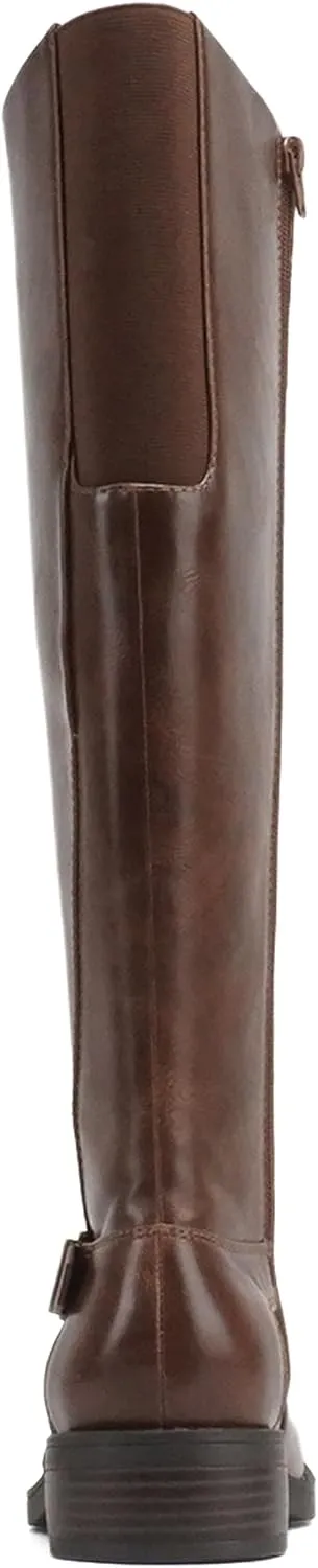 Soda “NECTAR” ~ Women Round Toe Buckle Belted Strap Top Shaft Elastic Gore Low Heel Knee-High Riding Boot with Side Zipper