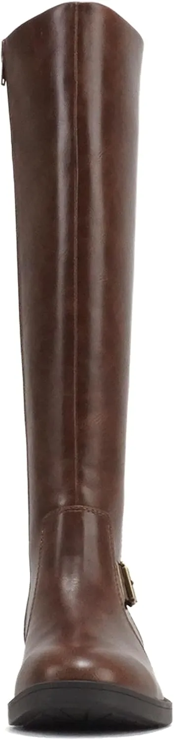 Soda “NECTAR” ~ Women Round Toe Buckle Belted Strap Top Shaft Elastic Gore Low Heel Knee-High Riding Boot with Side Zipper